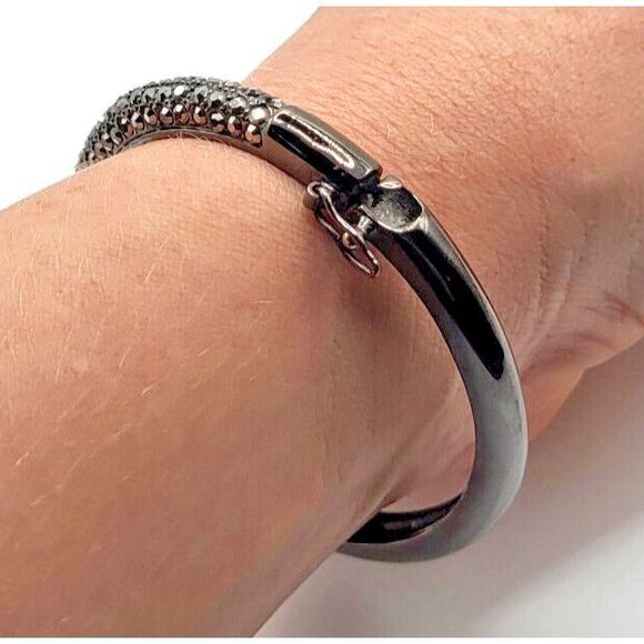 Marcasite Hinged Gunmetal Bangle Bracelet safety Clasp 2.25in dia ST signed - Picture 2 of 5